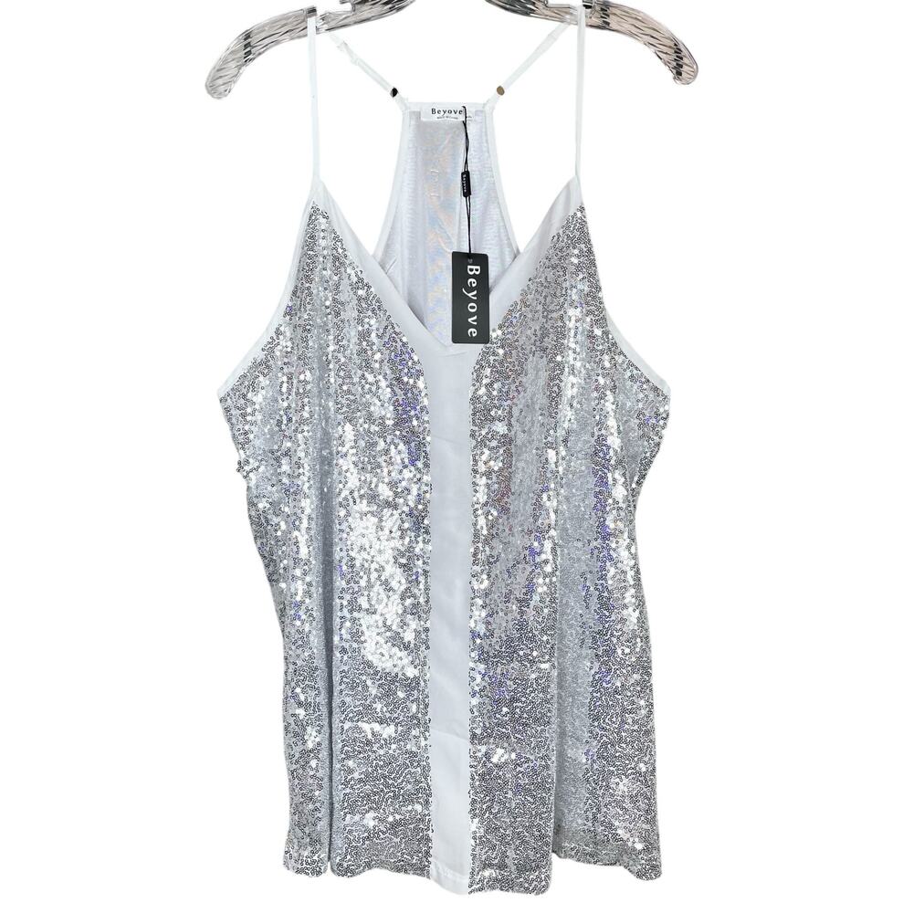 NWT Beyove Women's XXL Sequin Glitter V-Neck Sleeveless Cami Tank Top - Picture 7 of 7